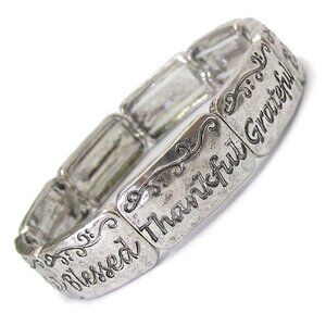 1/2" Wide Thankful Grateful Blessed Silver Inspirational Stretch Bracelet